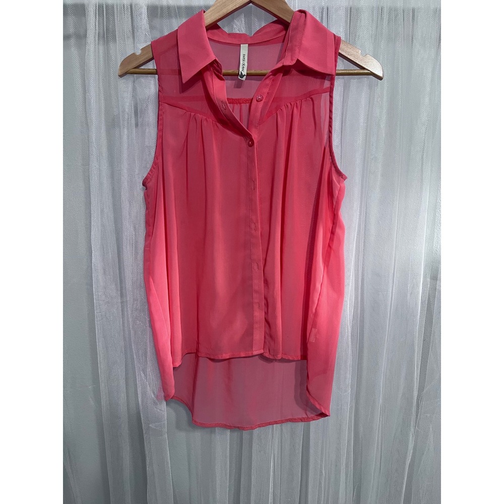 Paper‎ Crane Womens Coral Pink Sheer Chiffon Sleeveless High Low Button Down Top